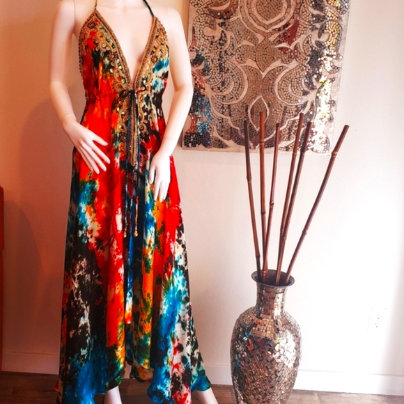 **LAST ONE***MANISH VAID- Tie Dye Silky Rayon Cry.Emb. Hi-Lo Dress OS NWT WoW*** - Picture 5 of 9